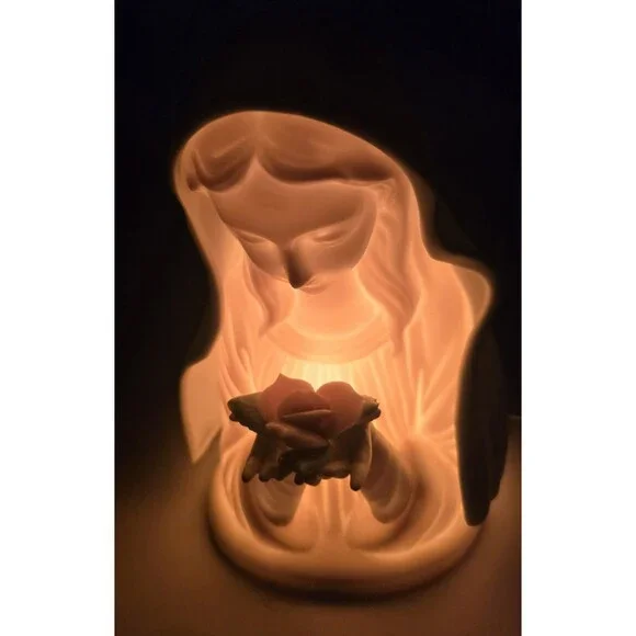 Vintage Madonna Mary Holding Flower Porcelain Lighted Nightlight  - Works - Picture 2 of 12